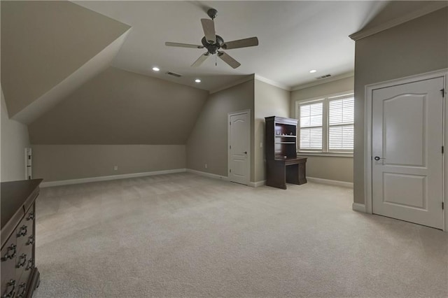 bonus room with light carpet, visible vents, baseboards, recessed lighting, and a ceiling fan