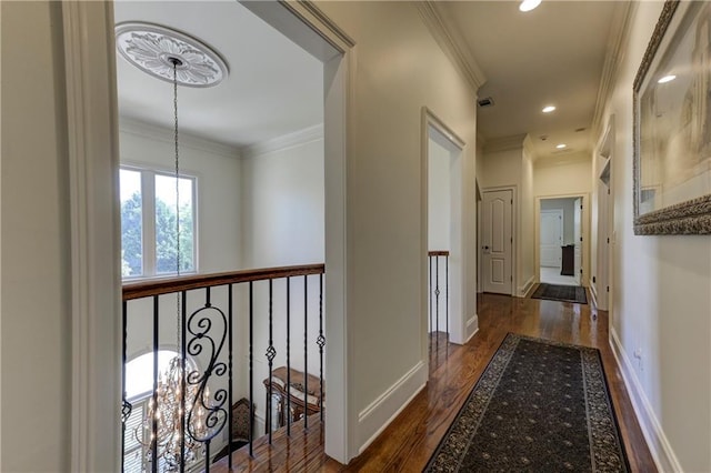 corridor with recessed lighting, baseboards, dark wood-style floors, and ornamental molding