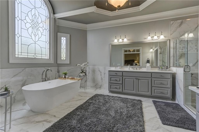 full bath with a wainscoted wall, marble finish floor, a shower stall, and crown molding