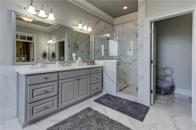 bathroom with crown molding, a marble finish shower, vanity, marble finish floor, and a notable chandelier