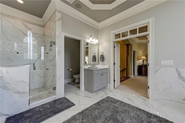 full bathroom with marble finish floor, toilet, vanity, ornamental molding, and a marble finish shower