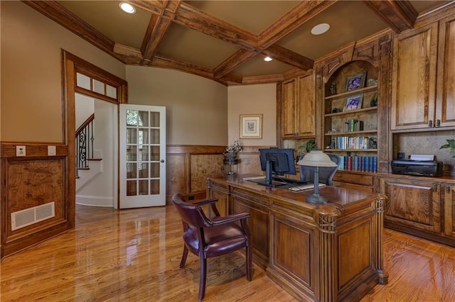 home office featuring beamed ceiling, visible vents, light wood-style floors, and coffered ceiling