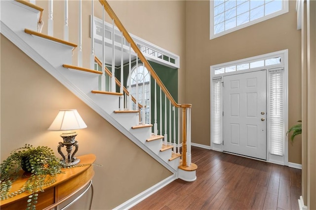 entrance foyer featuring dark hardwood / wood-style floors and a high ceiling