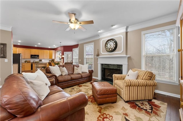 living room featuring a premium fireplace, ornamental molding, and plenty of natural light