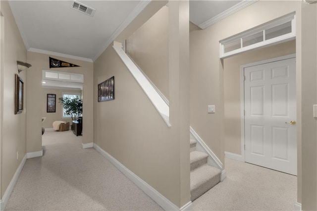 interior space featuring light carpet and crown molding