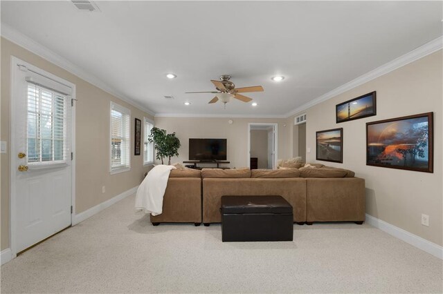 exercise area with crown molding and carpet