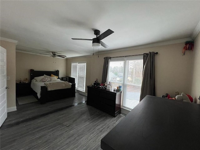 bedroom with ceiling fan, dark hardwood / wood-style flooring, and ornamental molding