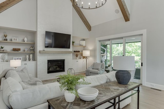 4781 Falling Brook Dr, Flowery Branch, GA 30542 - living room with high vaulted ceiling, beamed ceiling, light wood finished floors, a fireplace, and baseboards