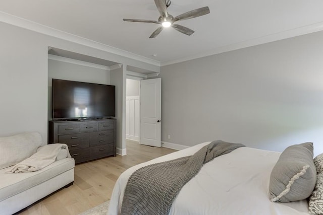 4781 Falling Brook Dr, Flowery Branch, GA 30542 - bedroom with light wood-style flooring, crown molding, and ceiling fan