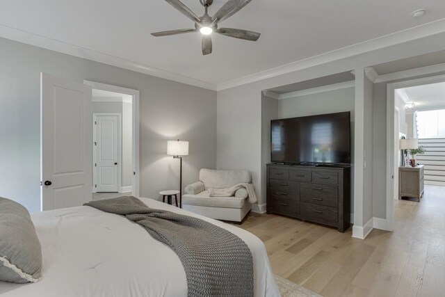 4781 Falling Brook Dr, Flowery Branch, GA 30542 - bedroom featuring light wood finished floors, baseboards, ornamental molding, and ceiling fan