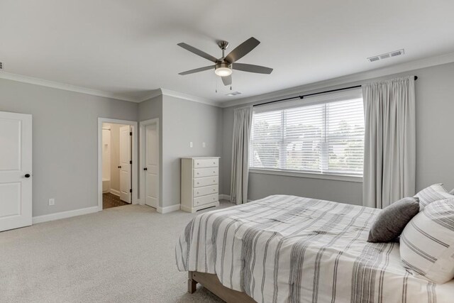 4781 Falling Brook Dr, Flowery Branch, GA 30542 - carpeted bedroom featuring ornamental molding, baseboards, and a ceiling fan