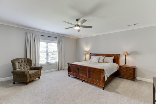 4781 Falling Brook Dr, Flowery Branch, GA 30542 - bedroom featuring baseboards, crown molding, light colored carpet, and a ceiling fan