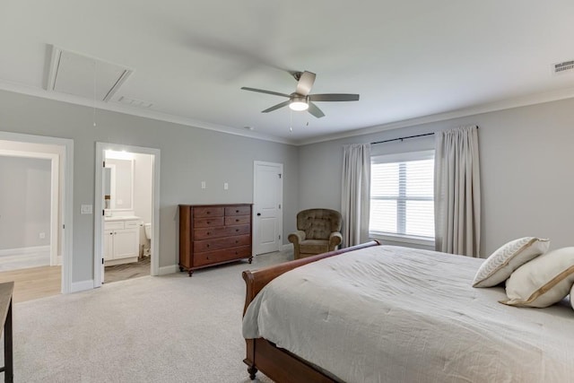 4781 Falling Brook Dr, Flowery Branch, GA 30542 - bedroom with attic access, crown molding, light colored carpet, baseboards, and a ceiling fan