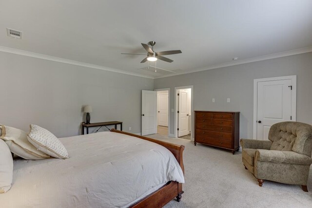 4781 Falling Brook Dr, Flowery Branch, GA 30542 - bedroom with light carpet, ornamental molding, and a ceiling fan