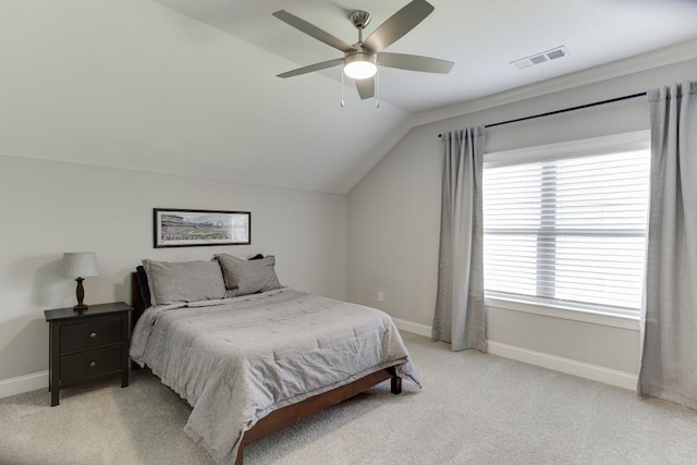 4781 Falling Brook Dr, Flowery Branch, GA 30542 - bedroom featuring vaulted ceiling, baseboards, light carpet, and a ceiling fan