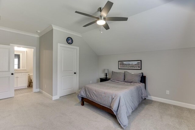 4781 Falling Brook Dr, Flowery Branch, GA 30542 - bedroom with light carpet, crown molding, baseboards, vaulted ceiling, and ensuite bathroom