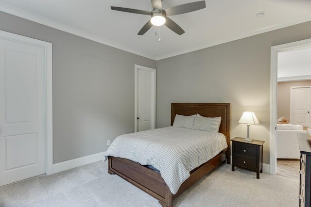 4781 Falling Brook Dr, Flowery Branch, GA 30542 - bedroom with light carpet, baseboards, ornamental molding, and a ceiling fan