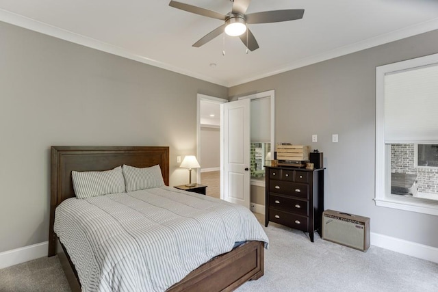 4781 Falling Brook Dr, Flowery Branch, GA 30542 - bedroom with light colored carpet, crown molding, baseboards, and ceiling fan