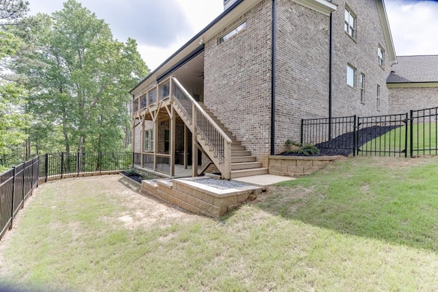 4781 Falling Brook Dr, Flowery Branch, GA 30542 - rear view of property featuring stairs, brick siding, a wooden deck, and ceiling fan