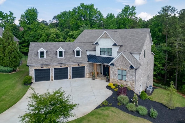 4781 Falling Brook Dr, Flowery Branch, GA 30542 - view of front of property featuring concrete driveway, a front yard, stone siding, a shingled roof, and a garage