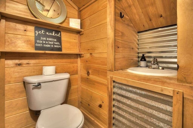 bathroom featuring wooden walls, lofted ceiling, vanity, and toilet