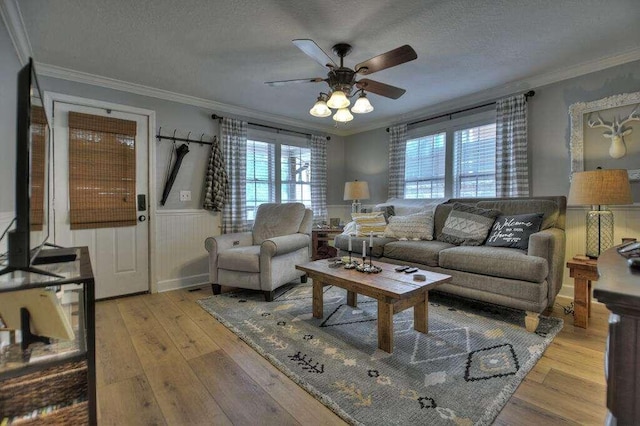 living room with light wood-type flooring, a textured ceiling, plenty of natural light, and crown molding