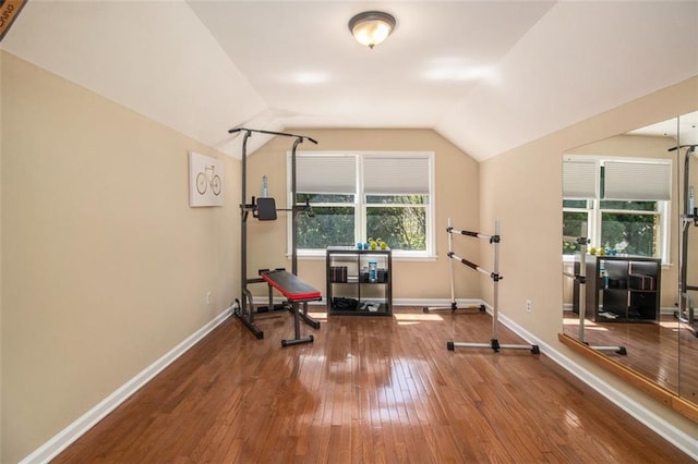 1935 Northbrooke Ln, Dunwoody, GA 30338 - exercise room with wood-type flooring, baseboards, and vaulted ceiling