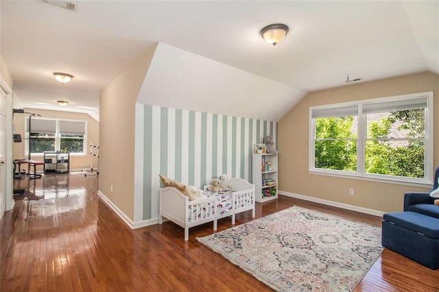 1935 Northbrooke Ln, Dunwoody, GA 30338 - sitting room with hardwood / wood-style floors, baseboards, lofted ceiling, and wallpapered walls