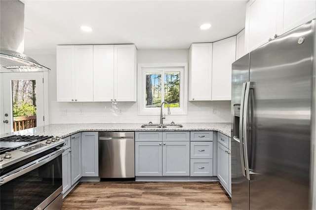 kitchen with range hood, gray cabinets, wood finished floors, stainless steel appliances, and a sink