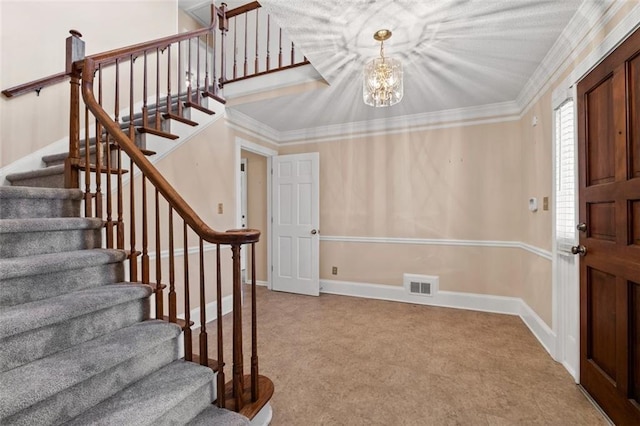 4116 River Cliff Chase SE, Marietta, GA 30067 - stairway with visible vents, carpet flooring, an inviting chandelier, and a textured ceiling