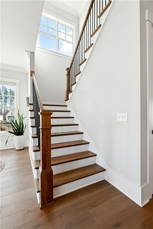 stairs with wood-type flooring and crown molding