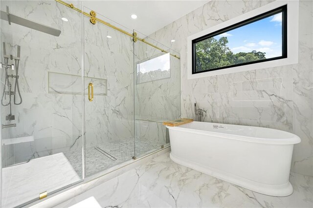 5175 Cascade Rd, Atlanta, GA 30331 - bathroom featuring marble tiled flooring, a marble finish shower, a soaking tub, and recessed lighting