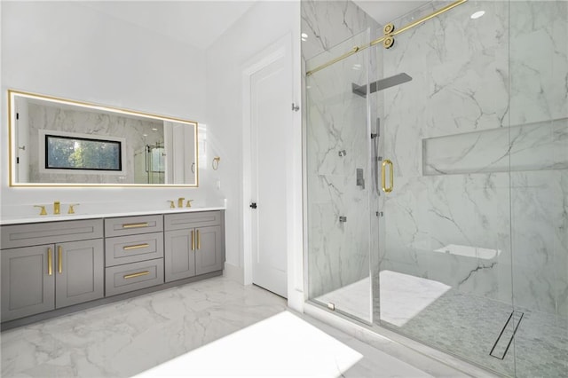 5175 Cascade Rd, Atlanta, GA 30331 - bathroom featuring marble look tiles, a marble finish shower, and double vanity