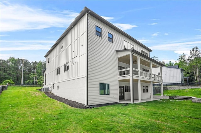 5175 Cascade Rd, Atlanta, GA 30331 - rear view of house featuring a balcony, board and batten siding, a patio, central AC unit, and ceiling fan