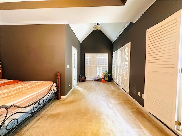 1739 Praters Pt, Dacula, GA 30019 - carpeted bedroom with baseboards, vaulted ceiling, and ornamental molding