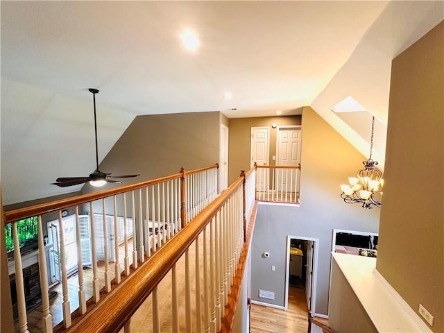 1739 Praters Pt, Dacula, GA 30019 - hall featuring vaulted ceiling, an upstairs landing, light wood-style flooring, and recessed lighting