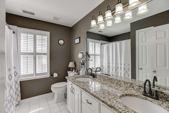 1739 Praters Pt, Dacula, GA 30019 - full bathroom featuring toilet, baseboards, tile patterned flooring, double vanity, and curtained shower