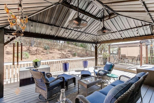 1739 Praters Pt, Dacula, GA 30019 - wooden terrace featuring outdoor lounge area, a gazebo, a fenced backyard, and outdoor dining space