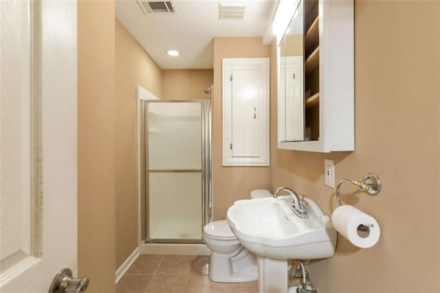 bathroom featuring tile patterned flooring, visible vents, a stall shower, and toilet