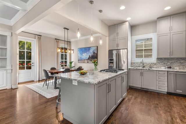540 Woodall Ave NE, Atlanta, GA 30306 - kitchen with backsplash, a sink, gray cabinetry, appliances with stainless steel finishes, and dark wood-style flooring