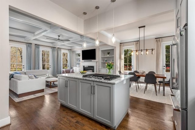 540 Woodall Ave NE, Atlanta, GA 30306 - kitchen with dark wood-style floors, appliances with stainless steel finishes, open floor plan, and gray cabinetry