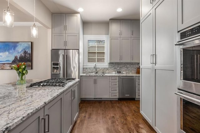 540 Woodall Ave NE, Atlanta, GA 30306 - kitchen with recessed lighting, stainless steel appliances, gray cabinets, a sink, and dark wood-style flooring