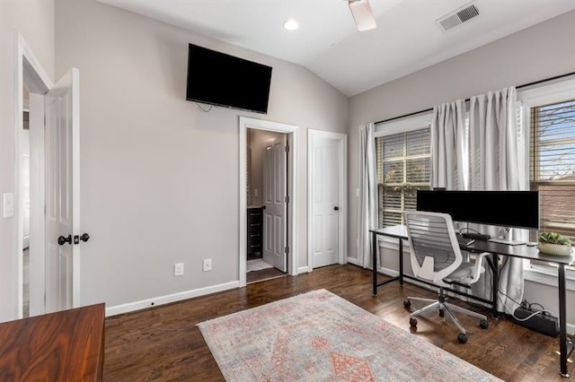 540 Woodall Ave NE, Atlanta, GA 30306 - office with wood finished floors, baseboards, lofted ceiling, visible vents, and recessed lighting