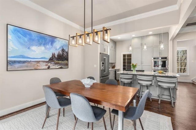 540 Woodall Ave NE, Atlanta, GA 30306 - dining room featuring baseboards, crown molding, dark wood-style floors, and recessed lighting