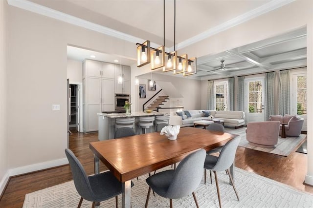 540 Woodall Ave NE, Atlanta, GA 30306 - dining room with baseboards, coffered ceiling, stairway, dark wood-type flooring, and ornamental molding