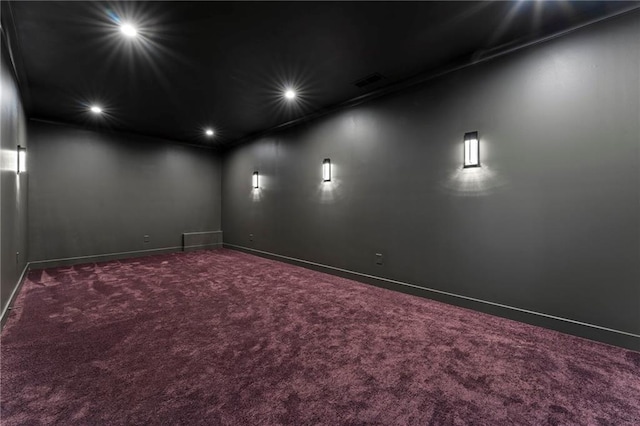 carpeted cinema room with baseboards, visible vents, and recessed lighting