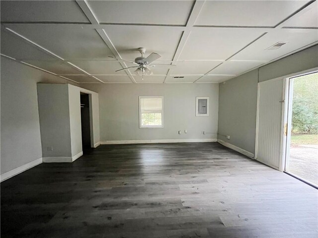 spare room with wood-type flooring, ceiling fan, and coffered ceiling