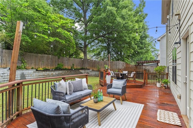 wooden deck with outdoor lounge area and outdoor dining area