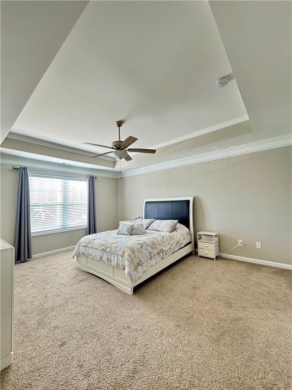 bedroom featuring a raised ceiling, ornamental molding, carpet flooring, ceiling fan, and baseboards