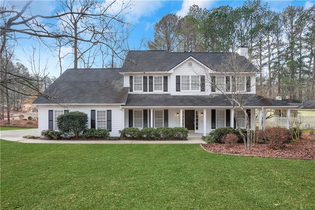 colonial inspired home featuring a porch and a front yard